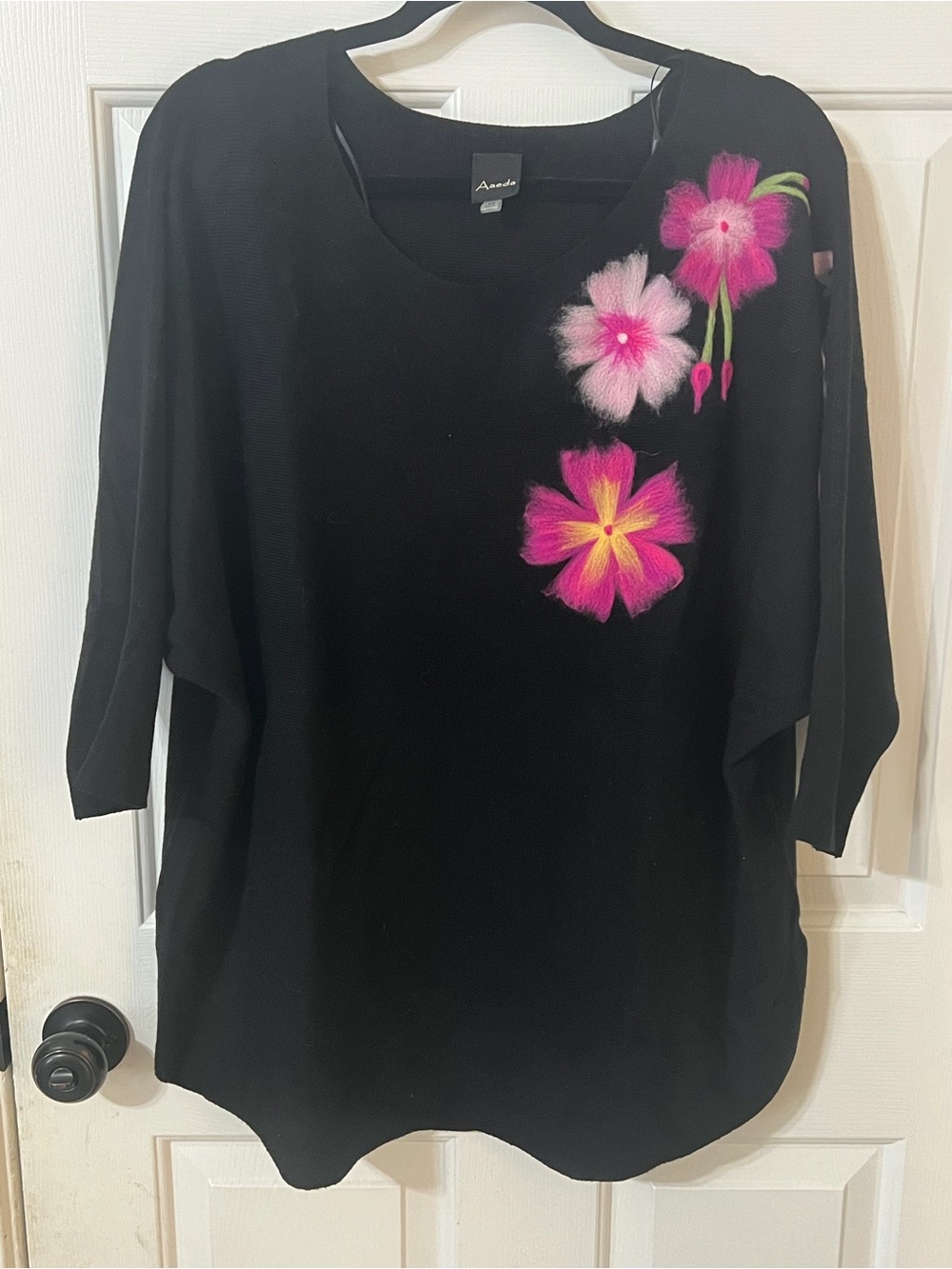 Womens Aaeda Black Pink Felt Floral Knit Sweater 1X Vibrant Gardening Biz Casual